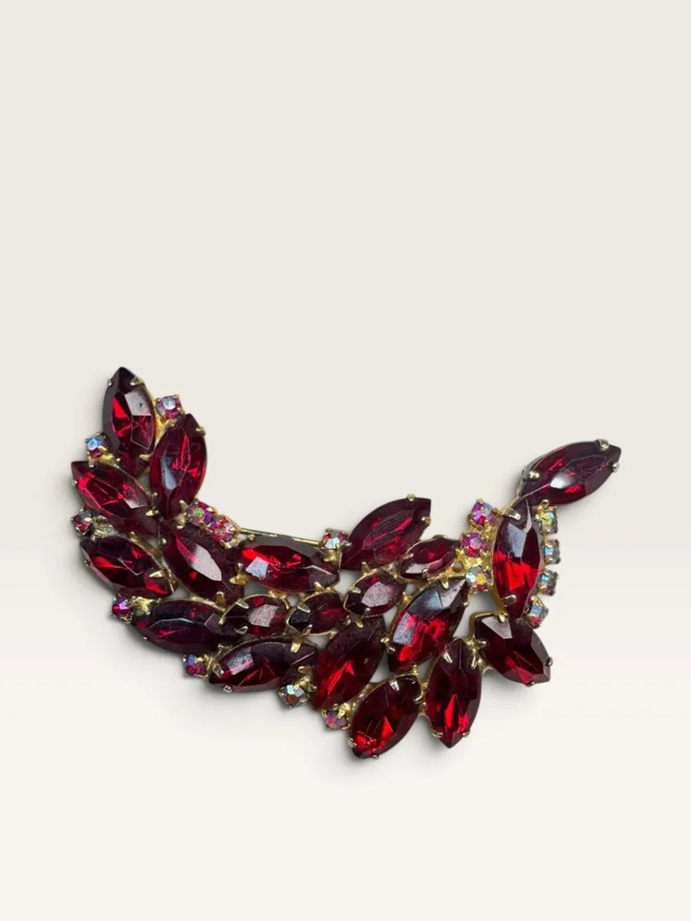 1950s Ruby Red AB Rhinestone Crescent UV Glow Cadmium Brooch 2.67